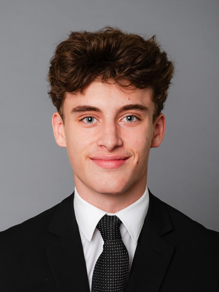 Portrait of a young male quantitative analyst, curly dark hair, focused intelligent eyes, black and white vector illustration, clean lines, professional corporate headshot, high contrast, serious expression, financial institution aesthetic.
