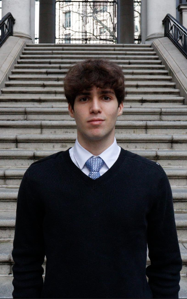 Portrait of a young male strategist, short hair, relaxed but attentive demeanor, confident smile, black and white vector illustration, clean lines, professional corporate headshot, high contrast, serious expression, financial institution aesthetic.